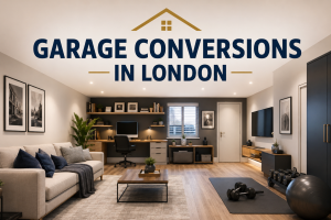 Modern garage conversion in London transformed into a stylish living space with home office and gym area.