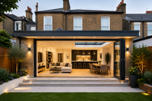 Modern rear home extension with open-plan kitchen and living space in a London house.