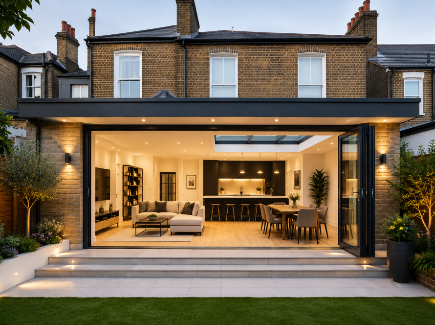 Modern rear home extension with open-plan kitchen and living space in a London house.