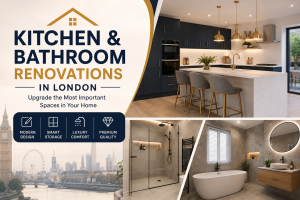 Luxury kitchen and bathroom renovation in London featuring a modern kitchen with an island, stylish bathroom with a walk-in shower and freestanding bathtub, designed by HDB London.