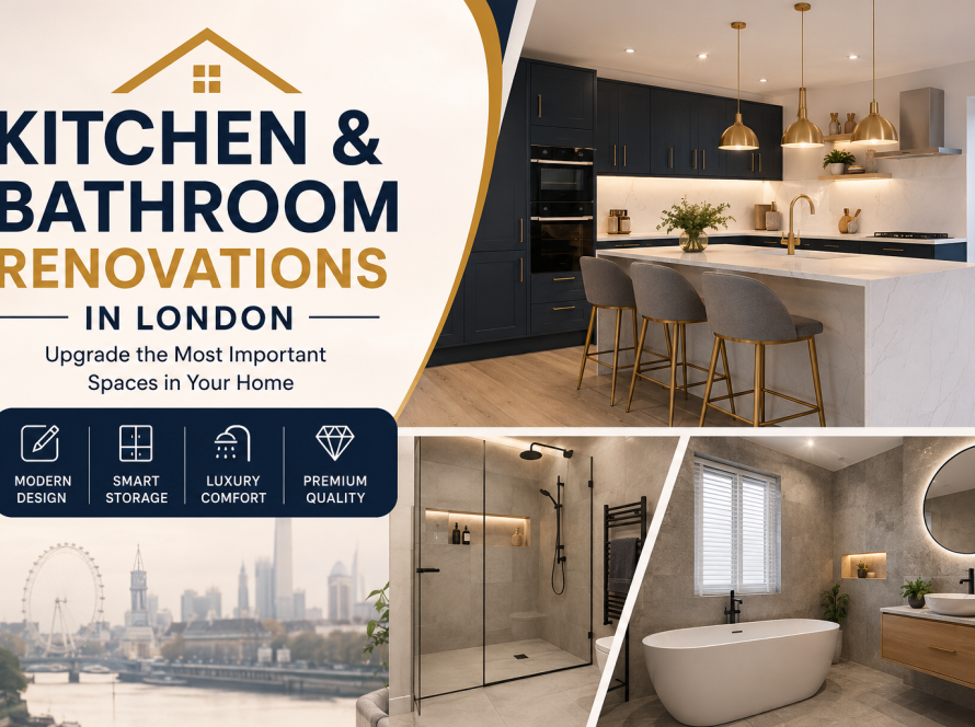 Luxury kitchen and bathroom renovation in London featuring a modern kitchen with an island, stylish bathroom with a walk-in shower and freestanding bathtub, designed by HDB London.