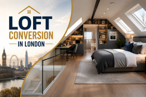 : Modern loft conversion in London featuring a stylish bedroom with skylights and built-in storage.