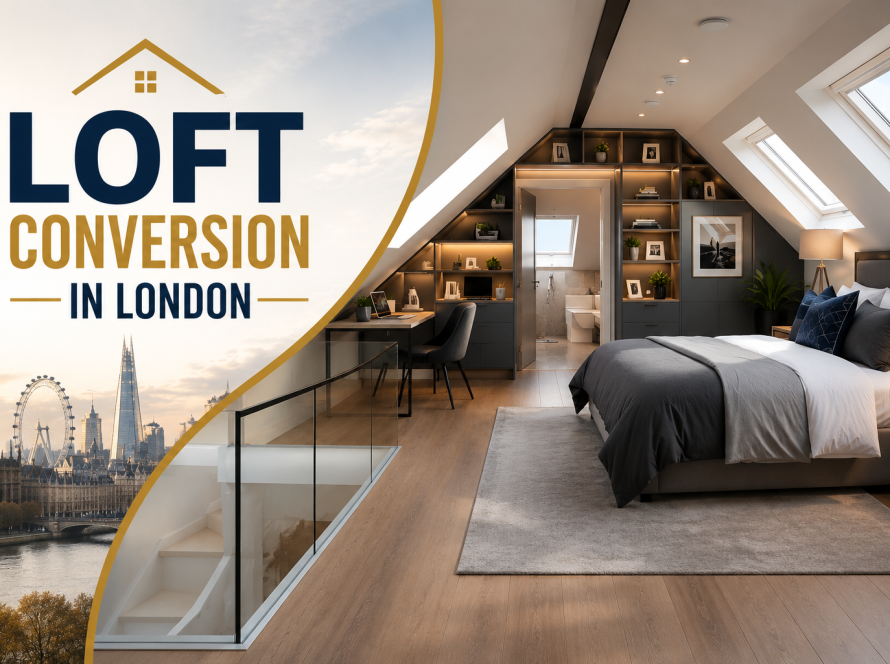 : Modern loft conversion in London featuring a stylish bedroom with skylights and built-in storage.