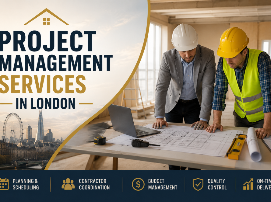 Professional project management team reviewing construction plans for a home renovation project in London.