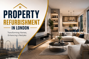 Modern property refurbishment in London featuring a stylish open-plan living room and contemporary home renovation by HDB London.